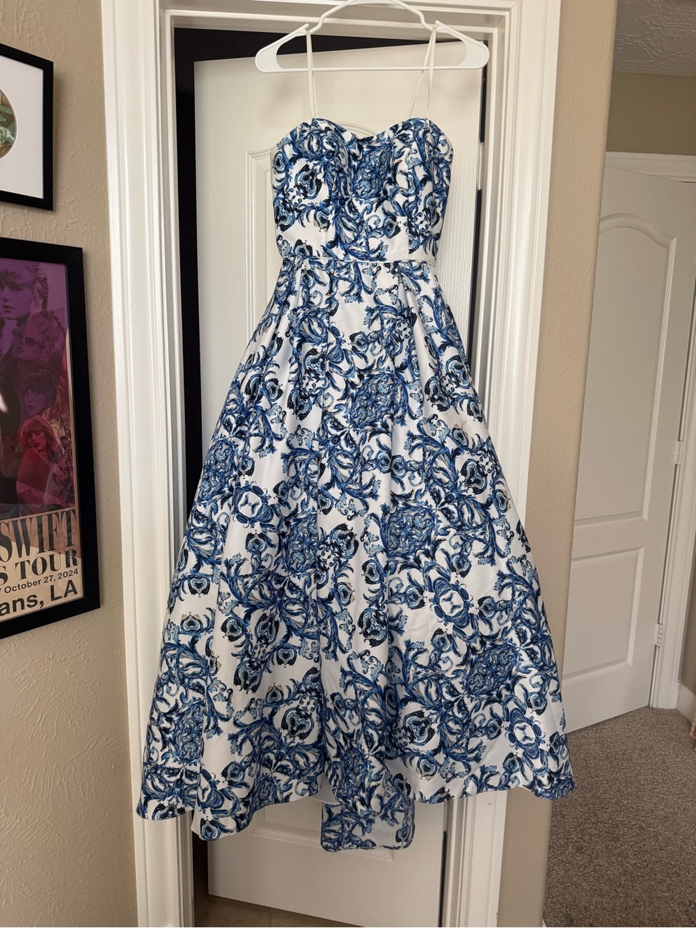 Camille La Vie Blue & White Floral Strapless A-Line Formal Dress